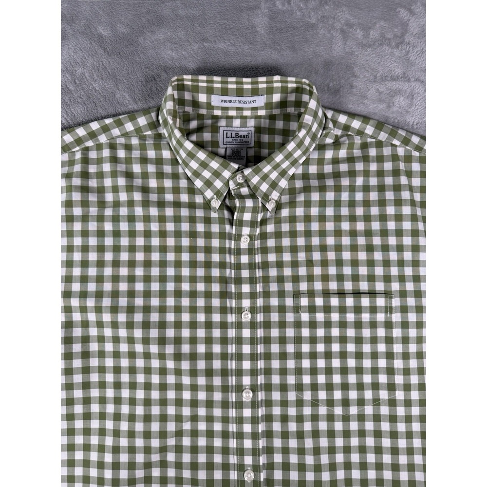 LL Bean Shirt Mens XL Wrinkle Resistant Green White Check Short Sleeve Button Up